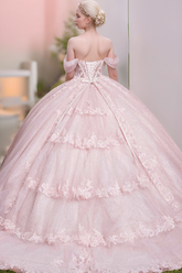 Baby Pink Tulle Quinceanera Dress Off-Shoulder Glitter Tiered Ball Gown with Floral Appliques for Sweet 16 & Birthday Parties